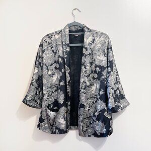 Black & Silver Floral Kimono Jacket Open Front Lightweight Blazer